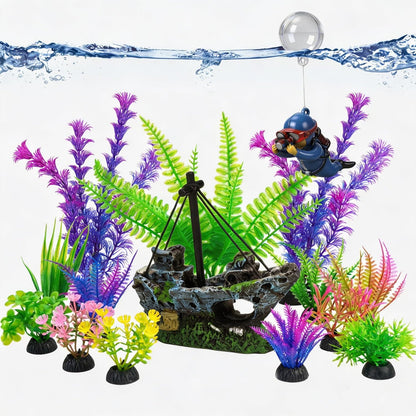 Fish Tank Decor Set with Shipwreck Decoration, Little Diver Floating & 13 Aquatic Artificial Plants - Betta Plants & Hiding Spots for Aquariums and Small Fish Tank Accessories