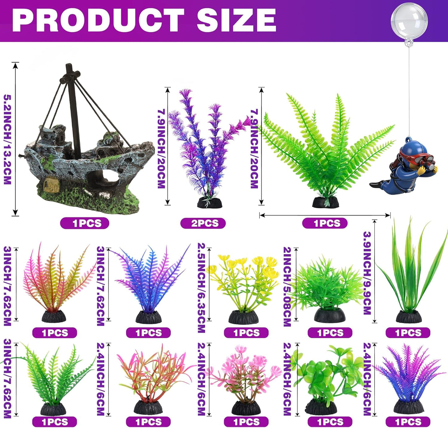 Fish Tank Decor Set with Shipwreck Decoration, Little Diver Floating & 13 Aquatic Artificial Plants - Betta Plants & Hiding Spots for Aquariums and Small Fish Tank Accessories
