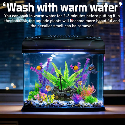 Fish Tank Decor Set with Shipwreck Decoration, Little Diver Floating & 13 Aquatic Artificial Plants - Betta Plants & Hiding Spots for Aquariums and Small Fish Tank Accessories