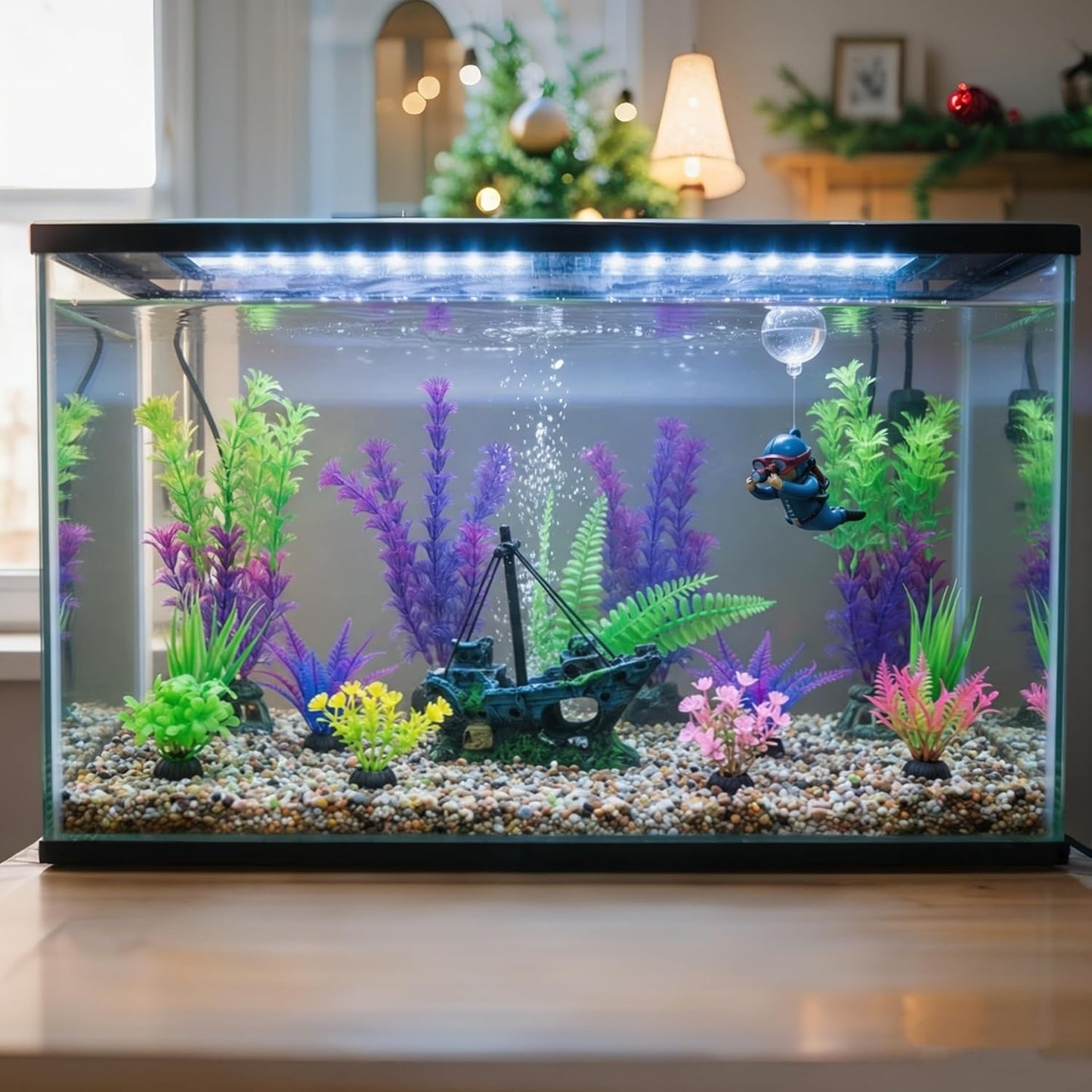 Fish Tank Decor Set with Shipwreck Decoration, Little Diver Floating & 13 Aquatic Artificial Plants - Betta Plants & Hiding Spots for Aquariums and Small Fish Tank Accessories