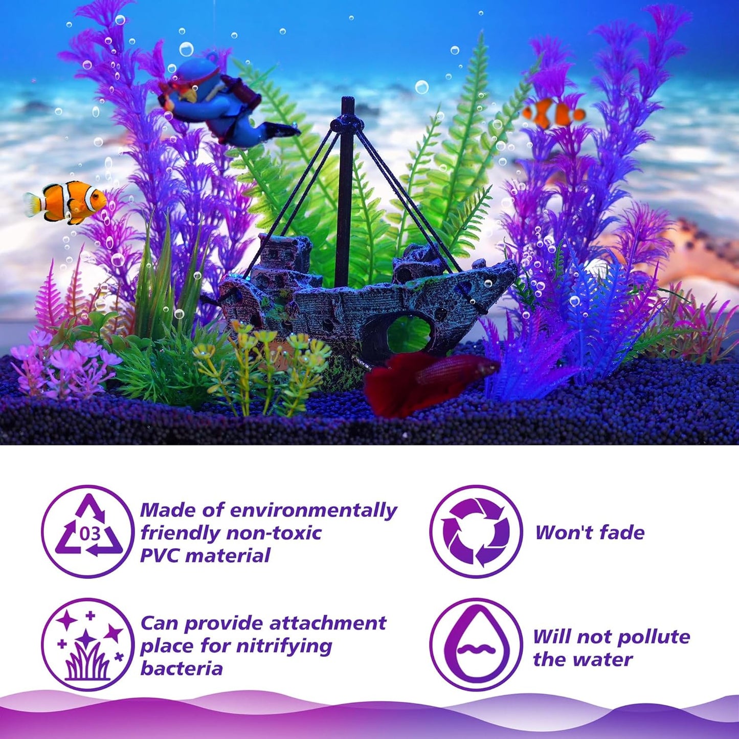 Fish Tank Decor Set with Shipwreck Decoration, Little Diver Floating & 13 Aquatic Artificial Plants - Betta Plants & Hiding Spots for Aquariums and Small Fish Tank Accessories