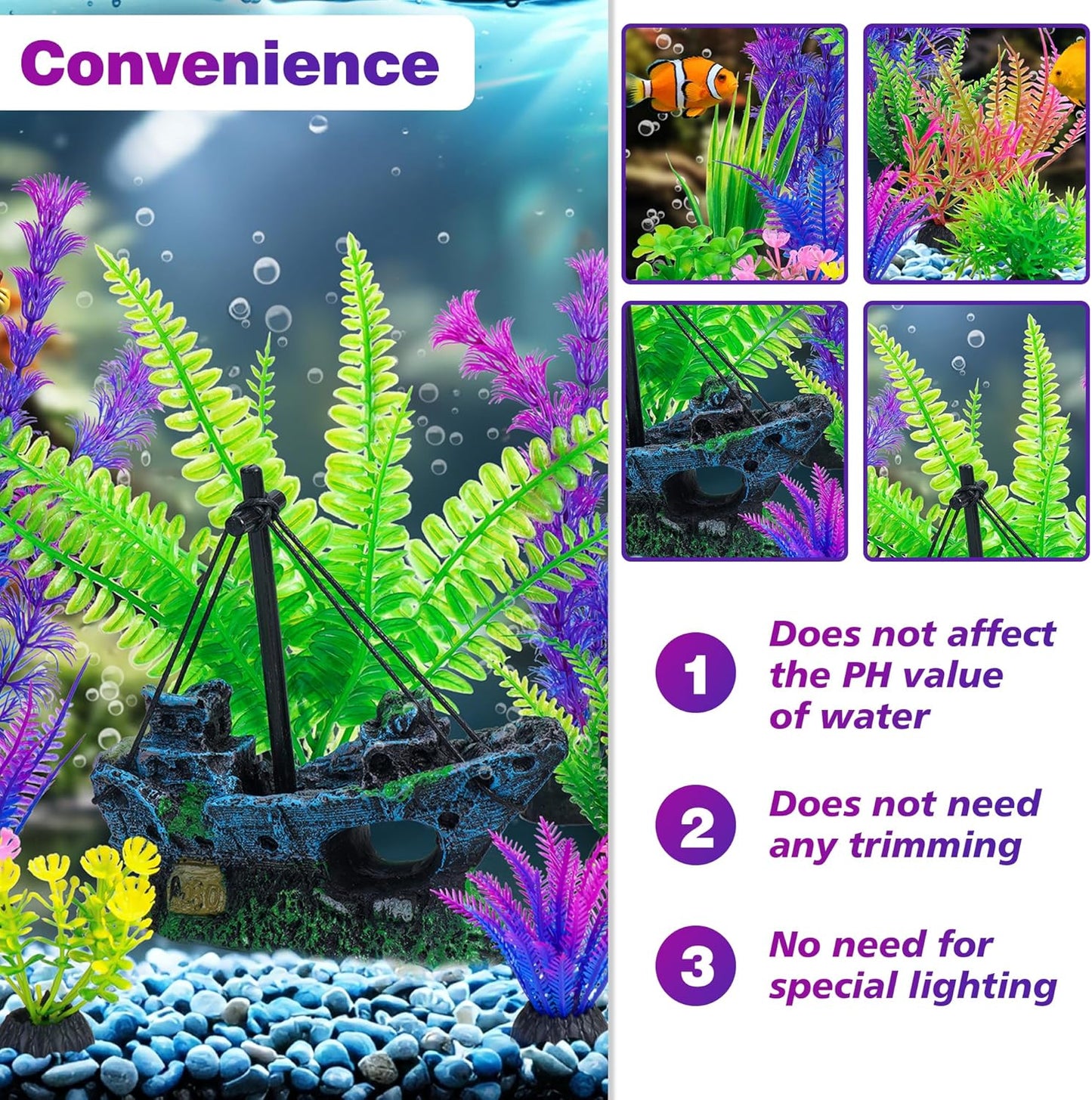 Fish Tank Decor Set with Shipwreck Decoration, Little Diver Floating & 13 Aquatic Artificial Plants - Betta Plants & Hiding Spots for Aquariums and Small Fish Tank Accessories