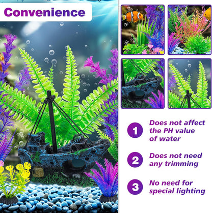 Fish Tank Decor Set with Shipwreck Decoration, Little Diver Floating & 13 Aquatic Artificial Plants - Betta Plants & Hiding Spots for Aquariums and Small Fish Tank Accessories