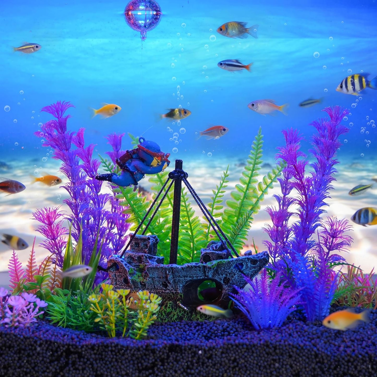 Fish Tank Decor Set with Shipwreck Decoration, Little Diver Floating & 13 Aquatic Artificial Plants - Betta Plants & Hiding Spots for Aquariums and Small Fish Tank Accessories