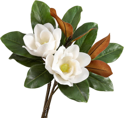 5Pcs Faux Magnolia Leaves and Flowers Set, Realistic Magnolia Stems, Flocked Faux Leaves Floral Picks Artificial Forever, for Indoor Outdoor Vase Filler