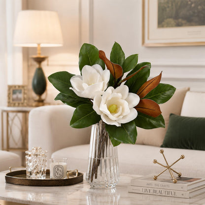 5Pcs Faux Magnolia Leaves and Flowers Set, Realistic Magnolia Stems, Flocked Faux Leaves Floral Picks Artificial Forever, for Indoor Outdoor Vase Filler
