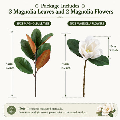5Pcs Faux Magnolia Leaves and Flowers Set, Realistic Magnolia Stems, Flocked Faux Leaves Floral Picks Artificial Forever, for Indoor Outdoor Vase Filler