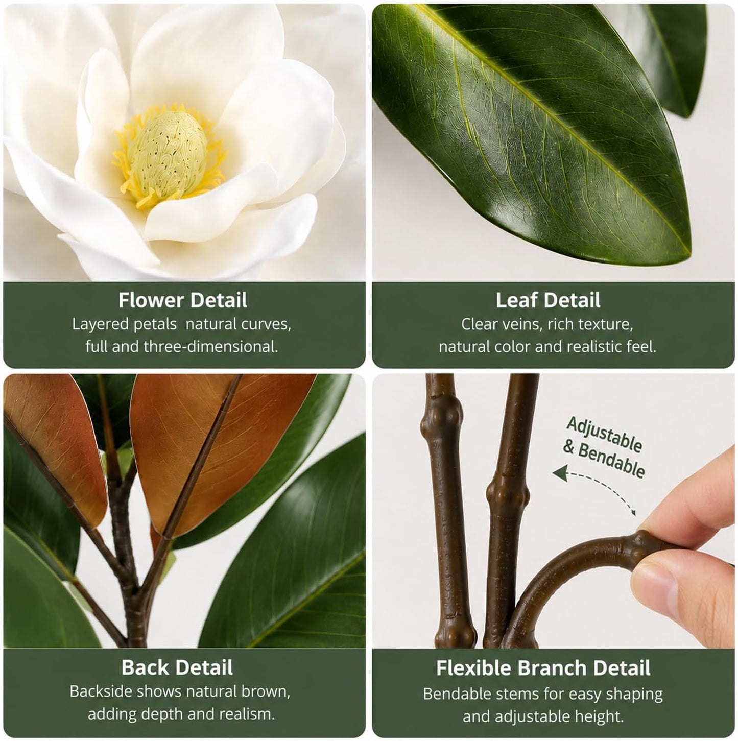 5Pcs Faux Magnolia Leaves and Flowers Set, Realistic Magnolia Stems, Flocked Faux Leaves Floral Picks Artificial Forever, for Indoor Outdoor Vase Filler