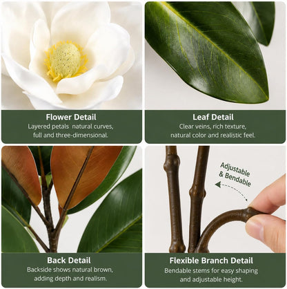 5Pcs Faux Magnolia Leaves and Flowers Set, Realistic Magnolia Stems, Flocked Faux Leaves Floral Picks Artificial Forever, for Indoor Outdoor Vase Filler