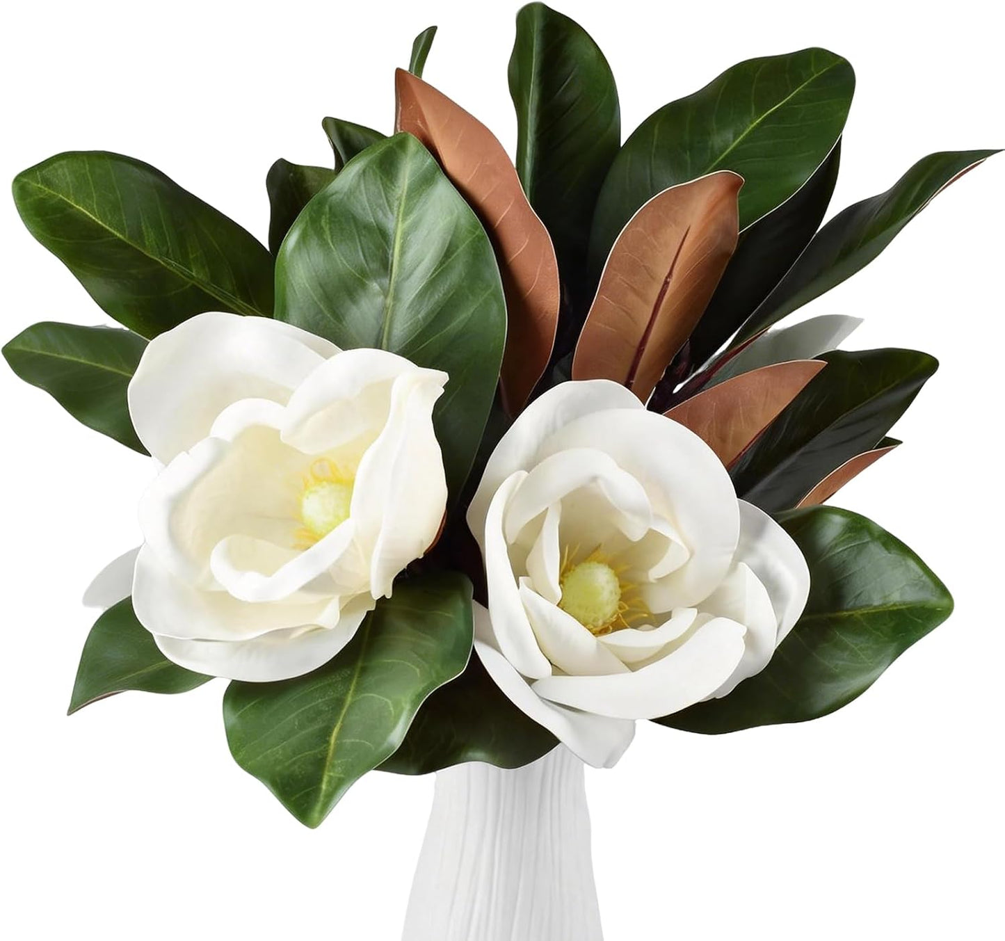 5Pcs Faux Magnolia Leaves and Flowers Set, Realistic Magnolia Stems, Flocked Faux Leaves Floral Picks Artificial Forever, for Indoor Outdoor Vase Filler