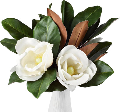 5Pcs Faux Magnolia Leaves and Flowers Set, Realistic Magnolia Stems, Flocked Faux Leaves Floral Picks Artificial Forever, for Indoor Outdoor Vase Filler