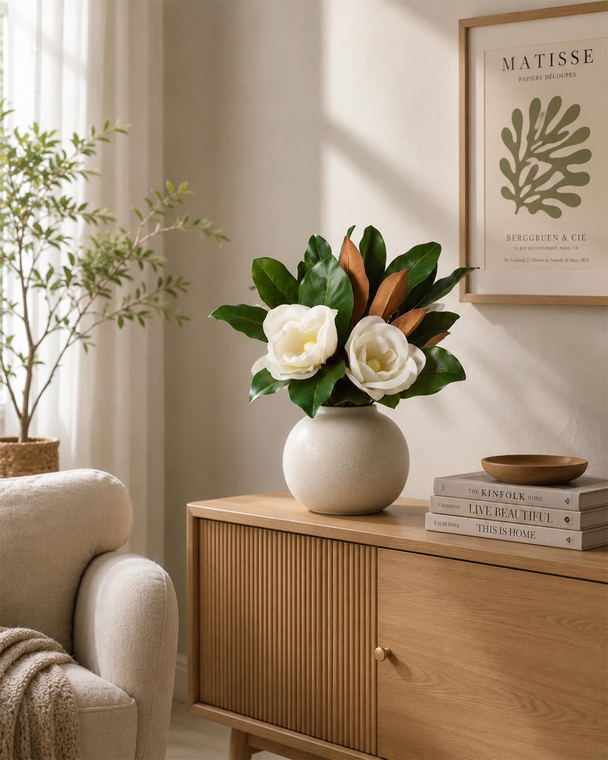 5Pcs Faux Magnolia Leaves and Flowers Set, Realistic Magnolia Stems, Flocked Faux Leaves Floral Picks Artificial Forever, for Indoor Outdoor Vase Filler