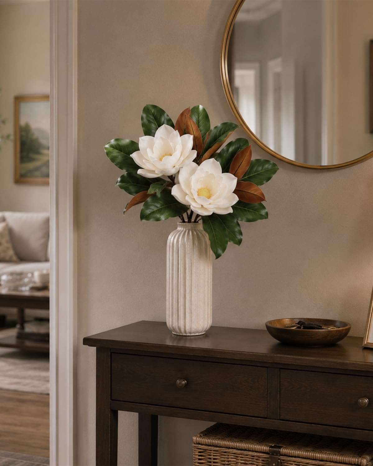 5Pcs Faux Magnolia Leaves and Flowers Set, Realistic Magnolia Stems, Flocked Faux Leaves Floral Picks Artificial Forever, for Indoor Outdoor Vase Filler