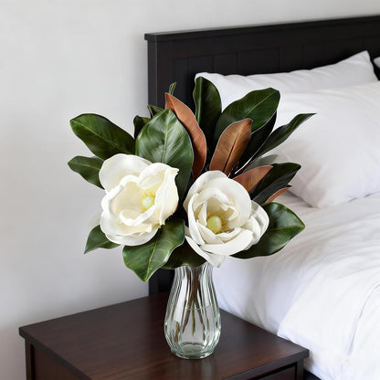 5Pcs Faux Magnolia Leaves and Flowers Set, Realistic Magnolia Stems, Flocked Faux Leaves Floral Picks Artificial Forever, for Indoor Outdoor Vase Filler