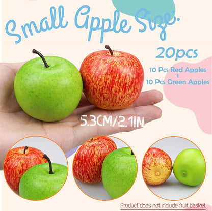 20 Pcs Fake Apples Decor, 2.1 Inch Artificial Fruits Mini Red Apples for Dining Table Centerpiece Decor, Faux Apple Fruits Decoration Home Kitchen Party Props (10 Pcs Red + 10 Pcs Green)