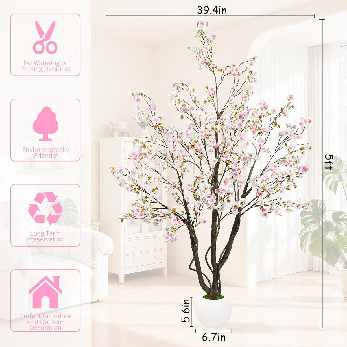 Artificial Cherry Blossom Tree 5FT, Pink Faux Floor Tree