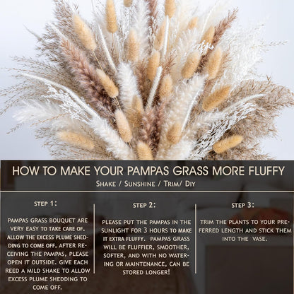 96PCS Natural Dried Pampas Grass Boho Home Decor Bouquet Phragmites Dried Flowers Bouquet for Wedding Floral Arrangements Living Room Decorations (96PCS)