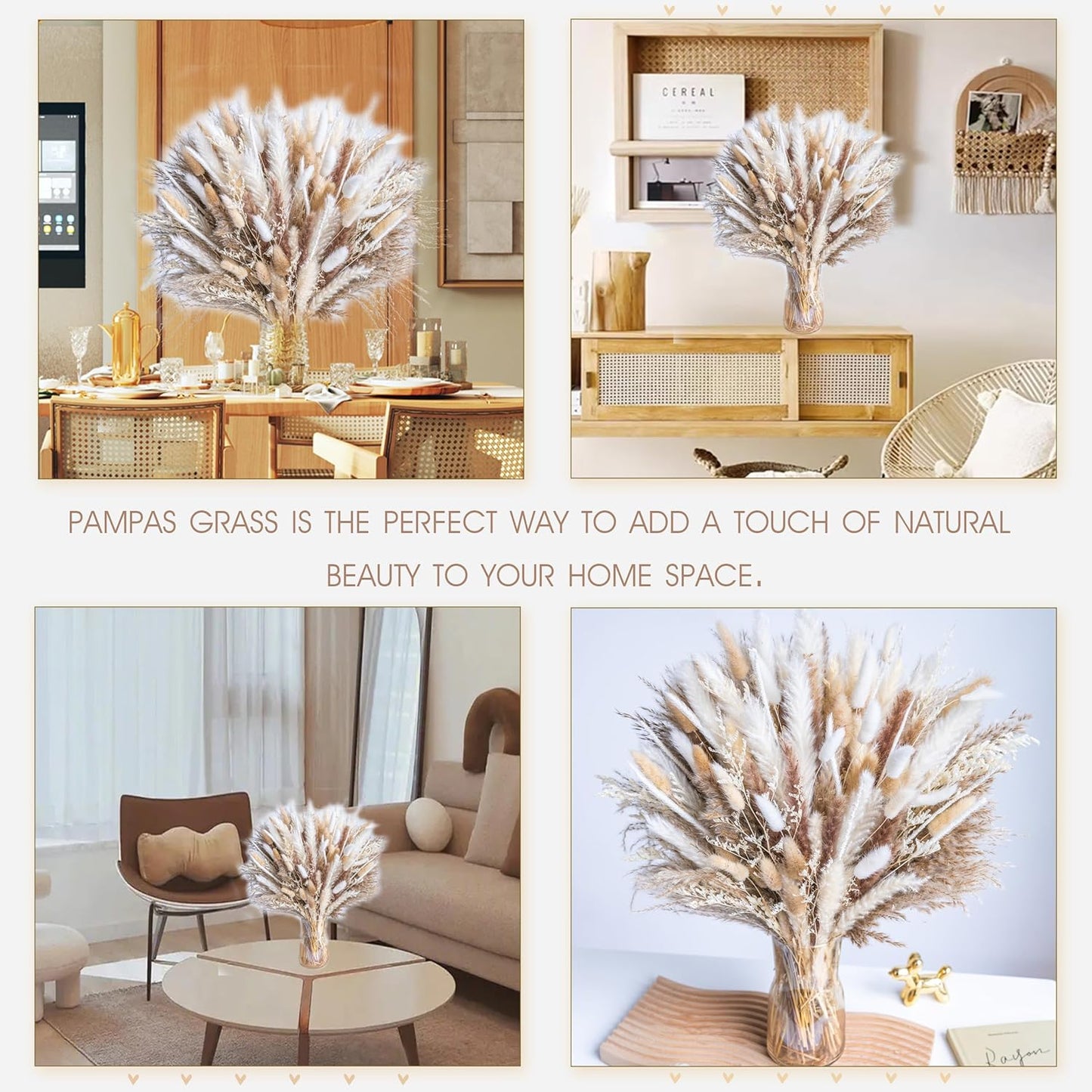 96PCS Natural Dried Pampas Grass Boho Home Decor Bouquet Phragmites Dried Flowers Bouquet for Wedding Floral Arrangements Living Room Decorations (96PCS)