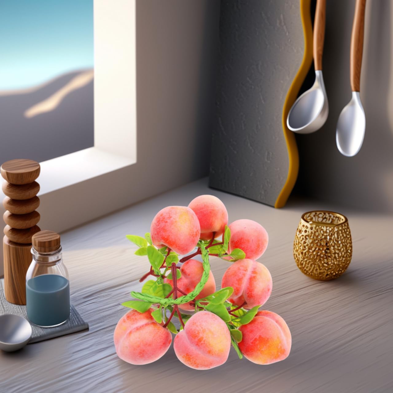 3 Pcs Artificial Peach Clusters, Realistic Fake Fruit for Home Kitchen Decor, Lifelike Faux Peaches for Photography Props, Fruit Basket Fillers & Summer Party Decoration