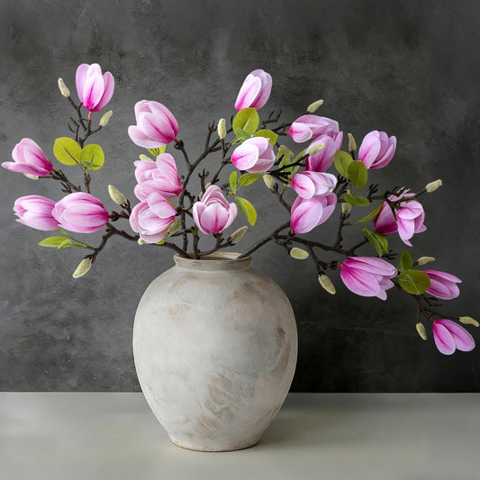 Artificial Magnolia Flowers Stems, 5PCS Hotpink Fake Flowers Buds, 26" Flora Branches Home Decor for Tall Vase Realistic Table Centerpiece Indoor Decoration (No Pot)