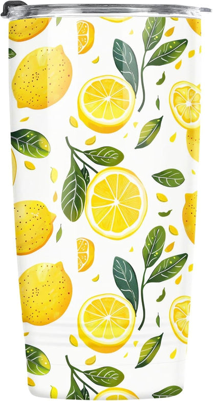 Lemon Gifts for Women Tumbler - Gifts for Lemon Lovers Insulated Travel Cup with Lid - Yellow Fruit Print Stainless Steel 20oz