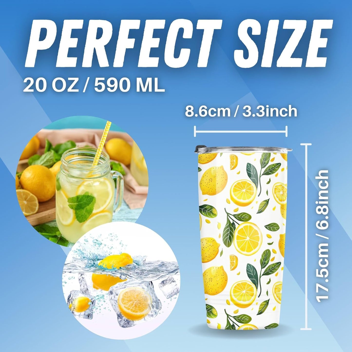 Lemon Gifts for Women Tumbler - Gifts for Lemon Lovers Insulated Travel Cup with Lid - Yellow Fruit Print Stainless Steel 20oz