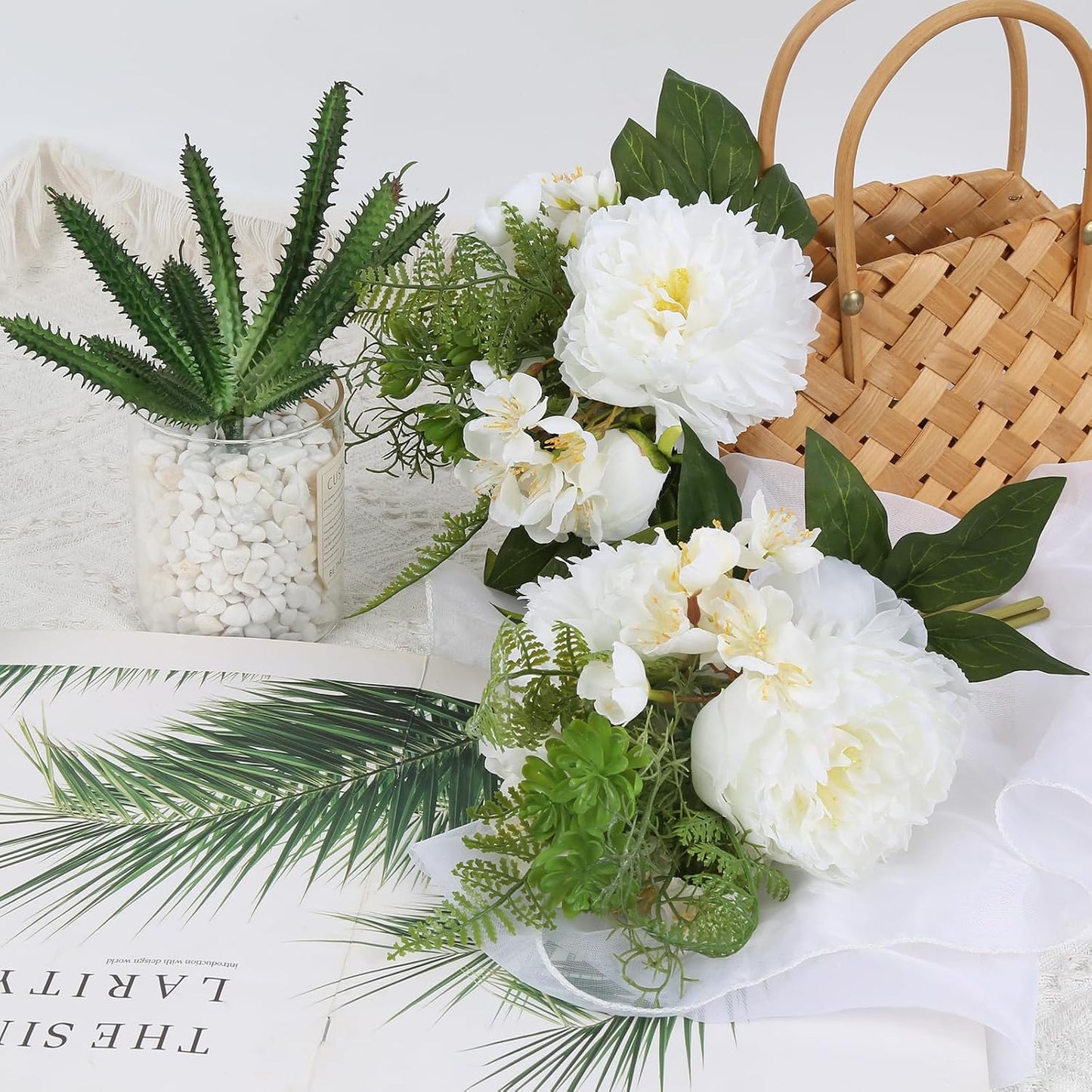 White Fake Peonies 2 Bouquets Peonies Artificial Flowers Silk Peonies Faux Flowers with Stems for Bridal Bouquet Wedding Table Centerpiece Home Floral Arrangement Decor