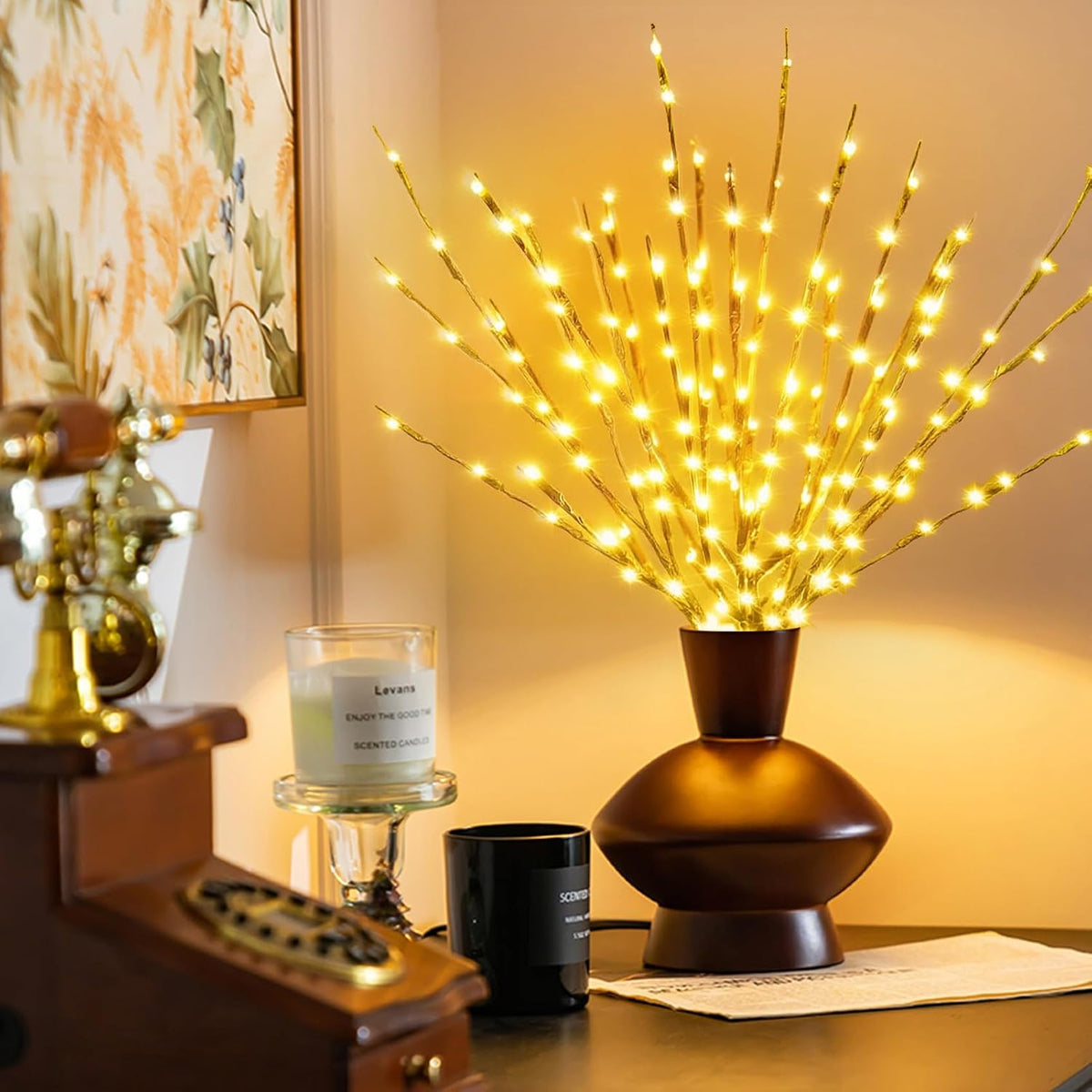DK177 Led Branch Light Battery Operated Lighted Branch Vase Filler Willow Tree Artificial Little Twig Power Brown 30 Inch 20 LED for Indoor Romantic, Multicolor Light