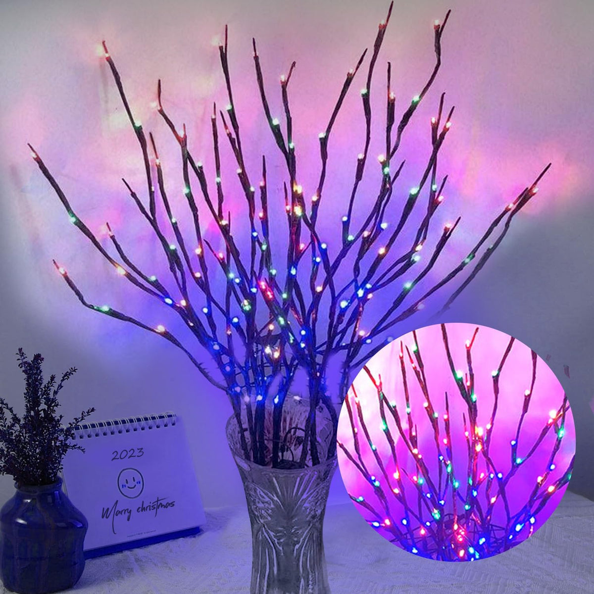 DK177 Led Branch Light Battery Operated Lighted Branch Vase Filler Willow Tree Artificial Little Twig Power Brown 30 Inch 20 LED for Indoor Romantic, Multicolor Light