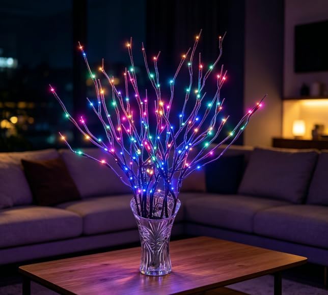 DK177 Led Branch Light Battery Operated Lighted Branch Vase Filler Willow Tree Artificial Little Twig Power Brown 30 Inch 20 LED for Indoor Romantic, Multicolor Light