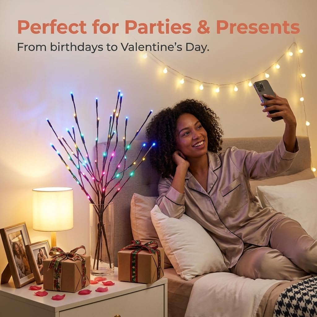 DK177 Led Branch Light Battery Operated Lighted Branch Vase Filler Willow Tree Artificial Little Twig Power Brown 30 Inch 20 LED for Indoor Romantic, Multicolor Light