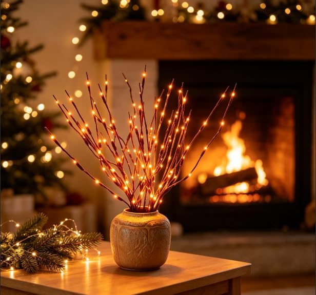 DK177 Led Branch Light Battery Operated Lighted Branch Vase Filler Willow Tree Artificial Little Twig Power Brown 30 Inch 20 LED for Indoor Romantic, Multicolor Light