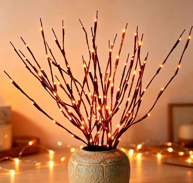 DK177 Led Branch Light Battery Operated Lighted Branch Vase Filler Willow Tree Artificial Little Twig Power Brown 30 Inch 20 LED for Indoor Romantic, Multicolor Light