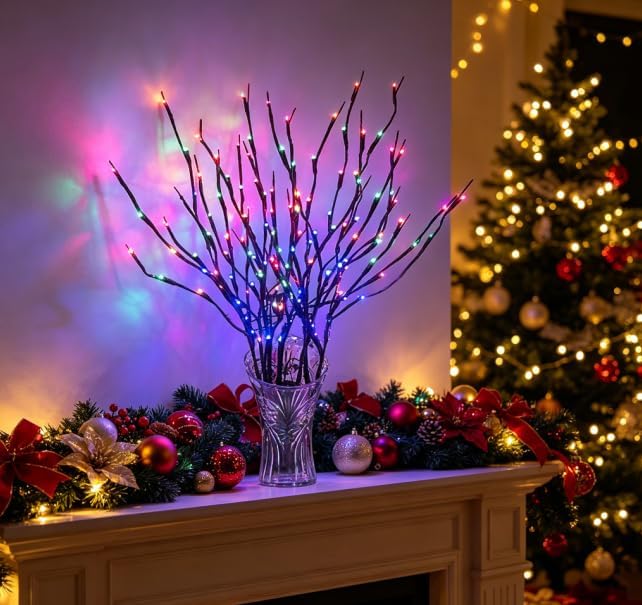 DK177 Led Branch Light Battery Operated Lighted Branch Vase Filler Willow Tree Artificial Little Twig Power Brown 30 Inch 20 LED for Indoor Romantic, Multicolor Light