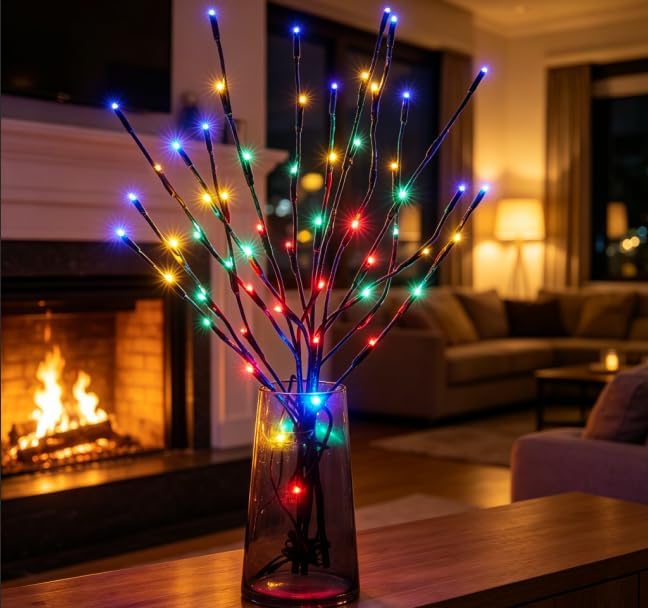 DK177 Led Branch Light Battery Operated Lighted Branch Vase Filler Willow Tree Artificial Little Twig Power Brown 30 Inch 20 LED for Indoor Romantic, Multicolor Light
