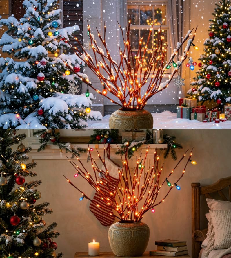 DK177 Led Branch Light Battery Operated Lighted Branch Vase Filler Willow Tree Artificial Little Twig Power Brown 30 Inch 20 LED for Indoor Romantic, Multicolor Light