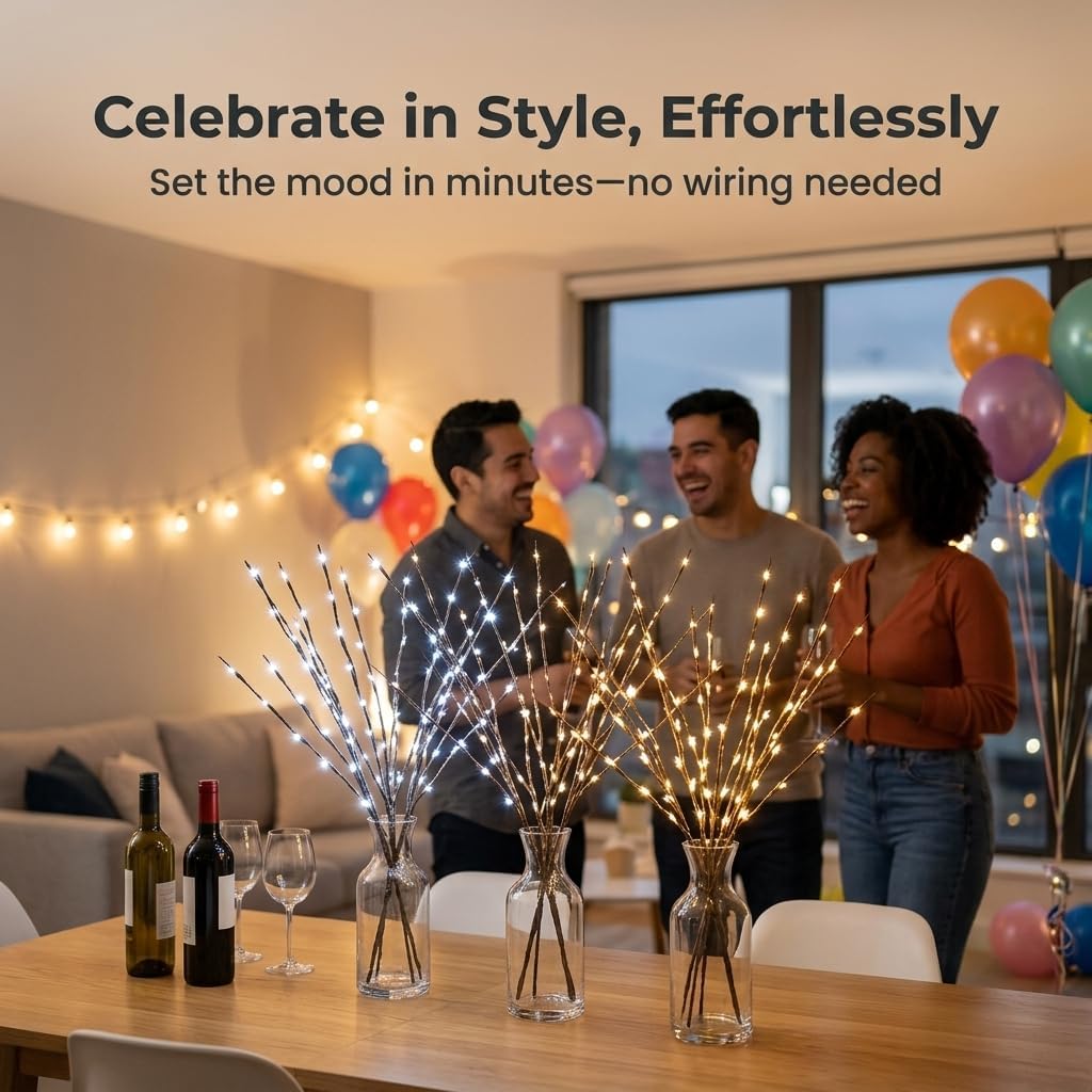DK177 Led Branch Light Battery Operated Lighted Branch Vase Filler Willow Tree Artificial Little Twig Power Brown 30 Inch 20 LED for Indoor Romantic, Multicolor Light