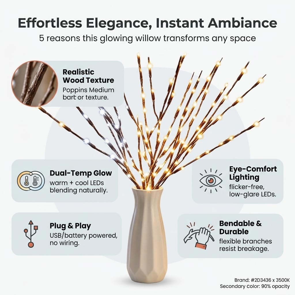 DK177 Led Branch Light Battery Operated Lighted Branch Vase Filler Willow Tree Artificial Little Twig Power Brown 30 Inch 20 LED for Indoor Romantic, Multicolor Light