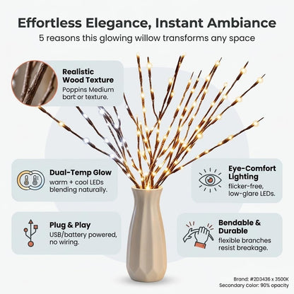 DK177 Led Branch Light Battery Operated Lighted Branch Vase Filler Willow Tree Artificial Little Twig Power Brown 30 Inch 20 LED for Indoor Romantic, Multicolor Light