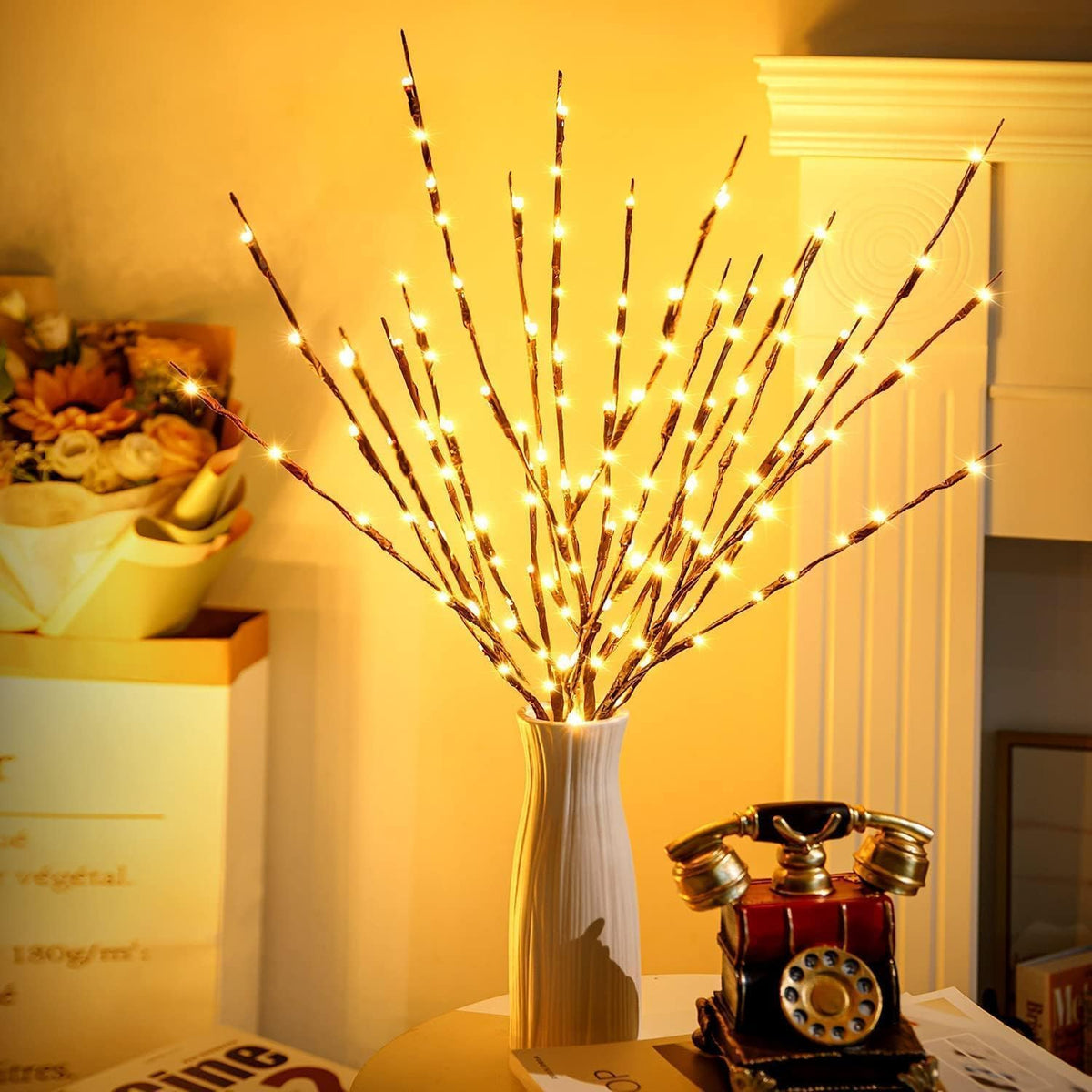 DK177 Led Branch Light Battery Operated Lighted Branch Vase Filler Willow Tree Artificial Little Twig Power Brown 30 Inch 20 LED for Indoor Romantic, Multicolor Light