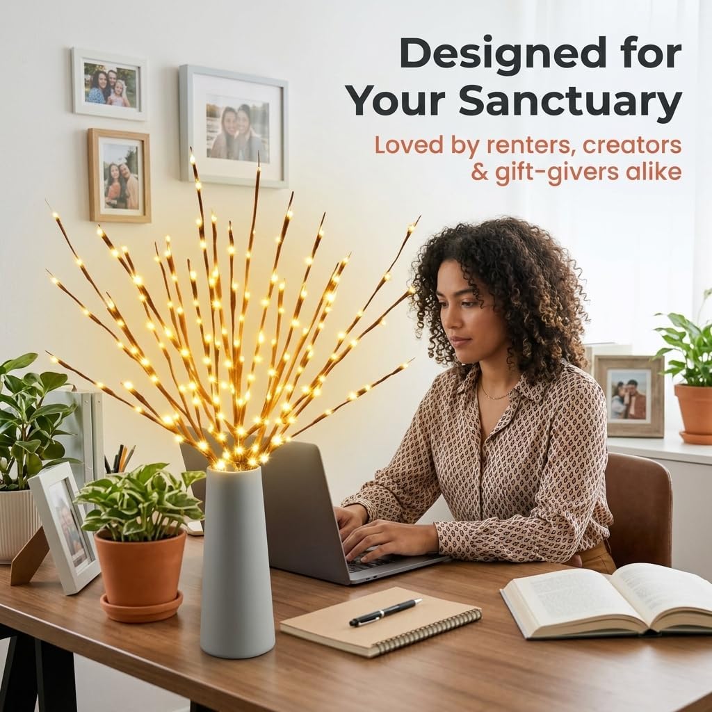 DK177 Led Branch Light Battery Operated Lighted Branch Vase Filler Willow Tree Artificial Little Twig Power Brown 30 Inch 20 LED for Indoor Romantic, Multicolor Light