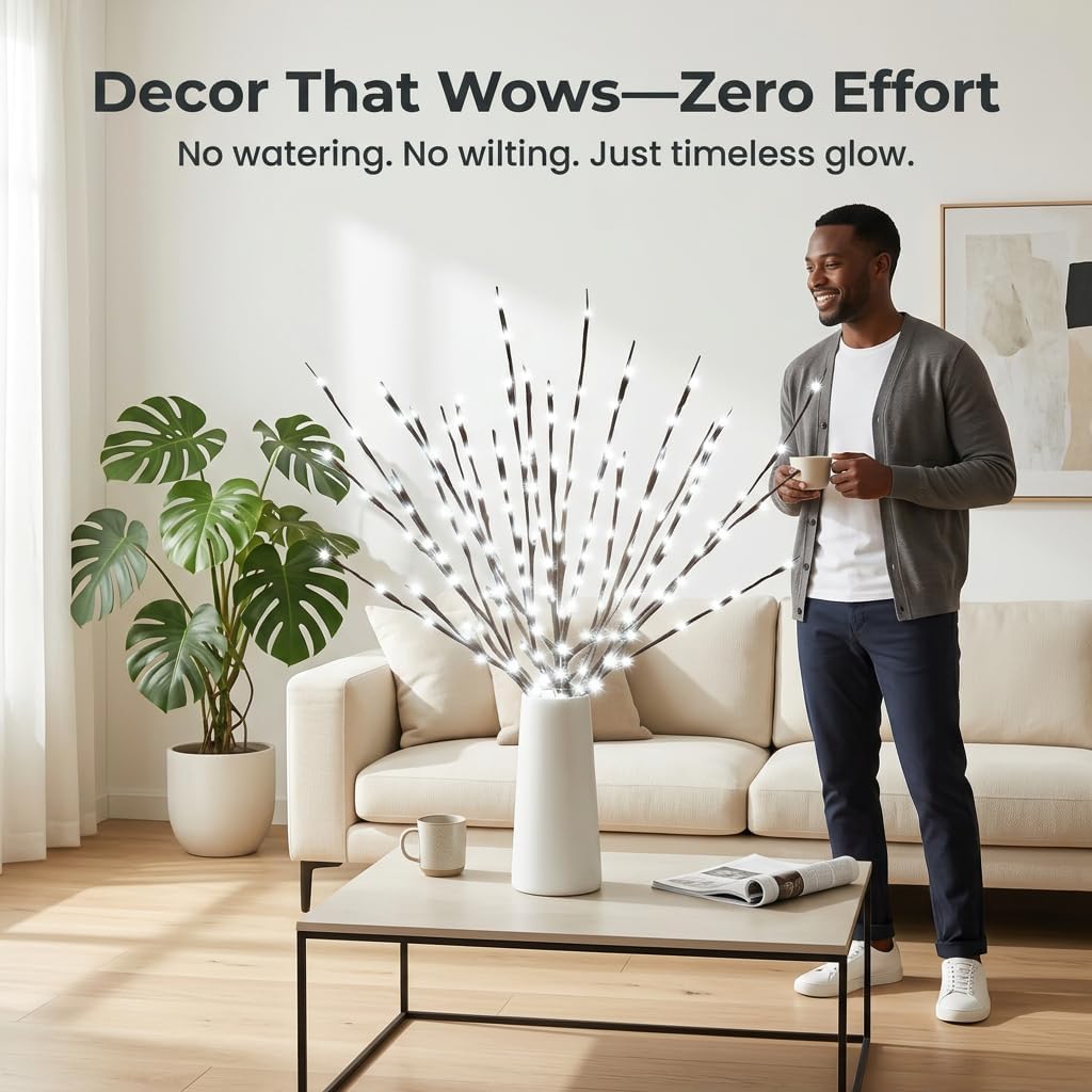 DK177 Led Branch Light Battery Operated Lighted Branch Vase Filler Willow Tree Artificial Little Twig Power Brown 30 Inch 20 LED for Indoor Romantic, Multicolor Light