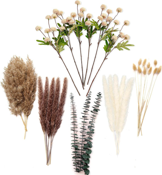 Simulation Flower Decor Luxury Faux Flower Arrangements – Realistic Artificial Flowers with Beige & White Peonies, Dried Pampas Grass, Bunny Tails & Eucalyptus