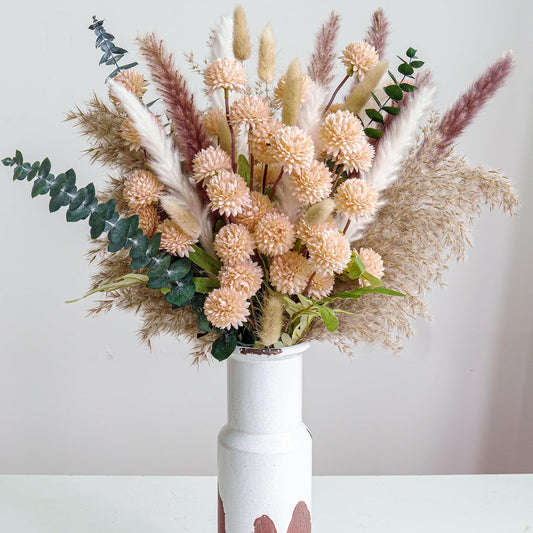 Simulation Flower Decor Luxury Faux Flower Arrangements – Realistic Artificial Flowers with Beige & White Peonies, Dried Pampas Grass, Bunny Tails & Eucalyptus