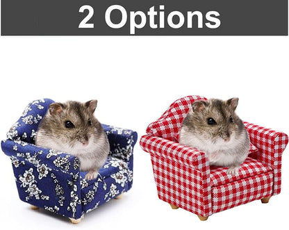 Hamster Mini Cotton Sofa Chair, Small Animal Blue Red Bed Cozy with Pillow, Cage Decor Photo Toys, Relax Habitat House Accessories, Sleep Pad Rest Nest for Hamster, Mice, Rat.
