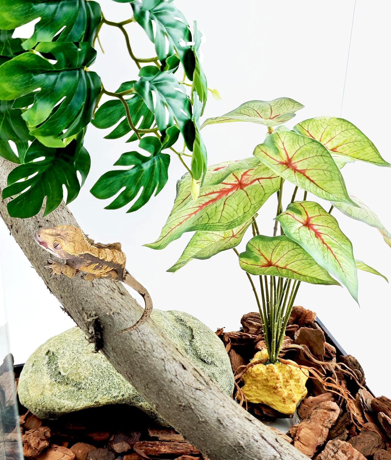 Reptile Artificial Plants for Terrarium Decor, Amphibian Habitat Decorations Bearded Dragon Tank Accessories fit Crested Gecko Leopard Lizard Chameleon Snake Frog - Fake Pink Heuchera