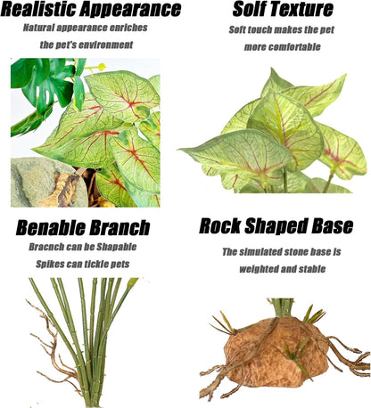 Reptile Artificial Plants for Terrarium Decor, Amphibian Habitat Decorations Bearded Dragon Tank Accessories fit Crested Gecko Leopard Lizard Chameleon Snake Frog - Fake Pink Heuchera