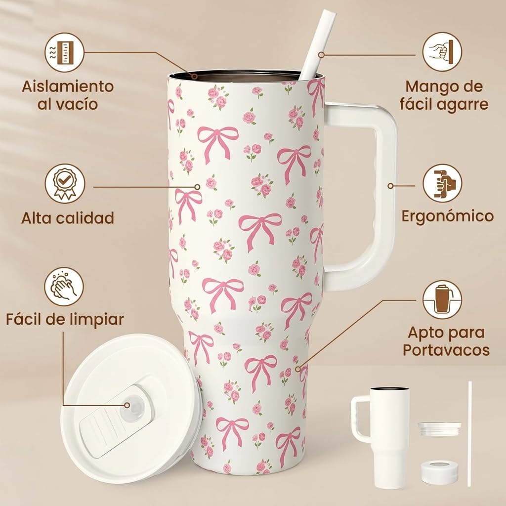 Lemon 40oz Tumbler with Handle and Straw, Insulated Stainless Steel Travel Coffee Mug for Women Girls, Gift Idea for Birthday Christmas Mothers Day Summer Vacation