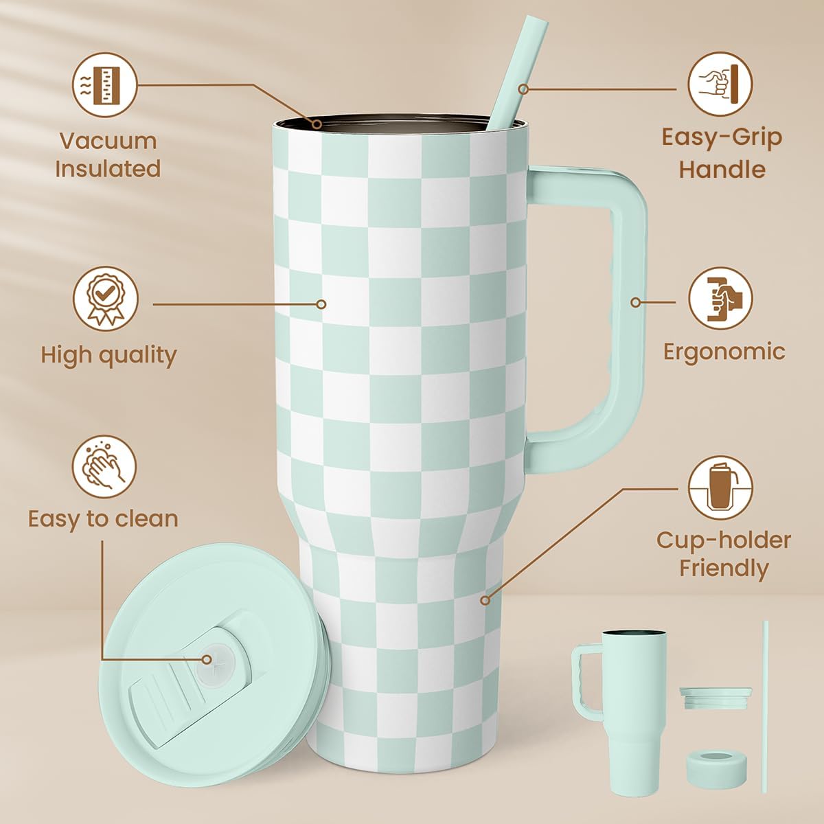 Lemon 40oz Tumbler with Handle and Straw, Insulated Stainless Steel Travel Coffee Mug for Women Girls, Gift Idea for Birthday Christmas Mothers Day Summer Vacation