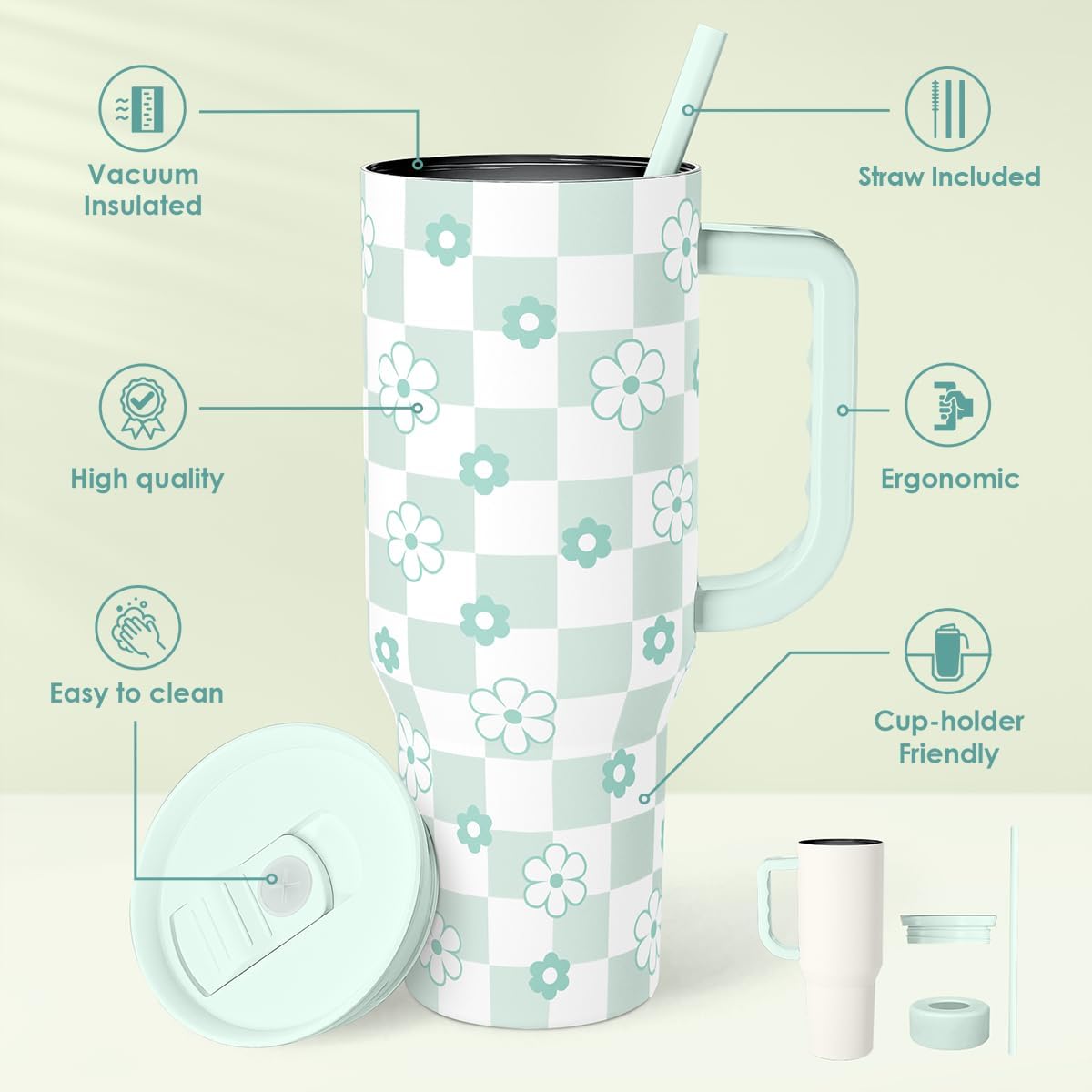 Lemon 40oz Tumbler with Handle and Straw, Insulated Stainless Steel Travel Coffee Mug for Women Girls, Gift Idea for Birthday Christmas Mothers Day Summer Vacation